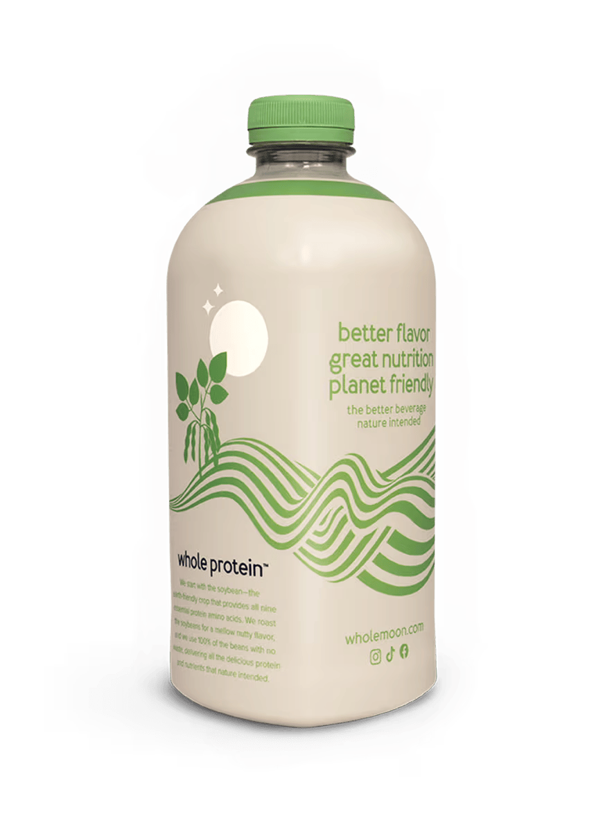 Wholemoon pistachio whole protein milk side angle featuring the brand's origin story and mission on minimalist beige packaging