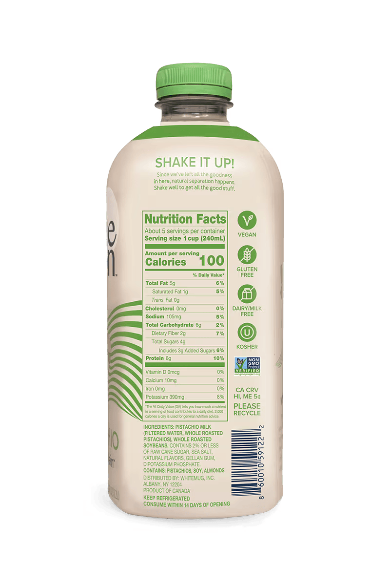 Wholemoon pistachio whole protein milk back panel in beige packaging with nutrition facts, shown in portrait view with ingredients visible
