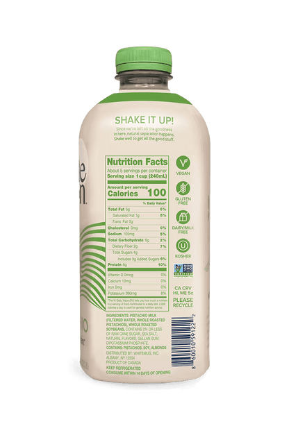 Wholemoon pistachio whole protein milk back panel in beige packaging with nutrition facts, shown in portrait view with ingredients visible