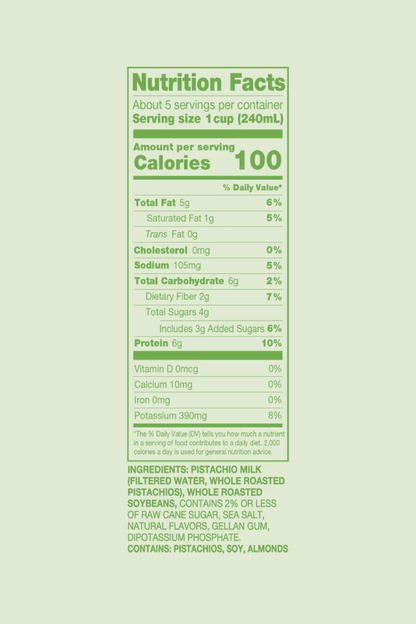 Nutrition facts panel for Wholemoon pistachio milk showing calorie count, serving size, and key nutritional information