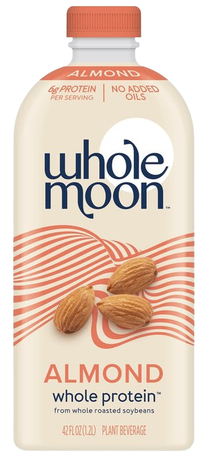Wholemoon almond whole protein milk in beige packaging with pistachio photo, shown in portrait view with visible product name
