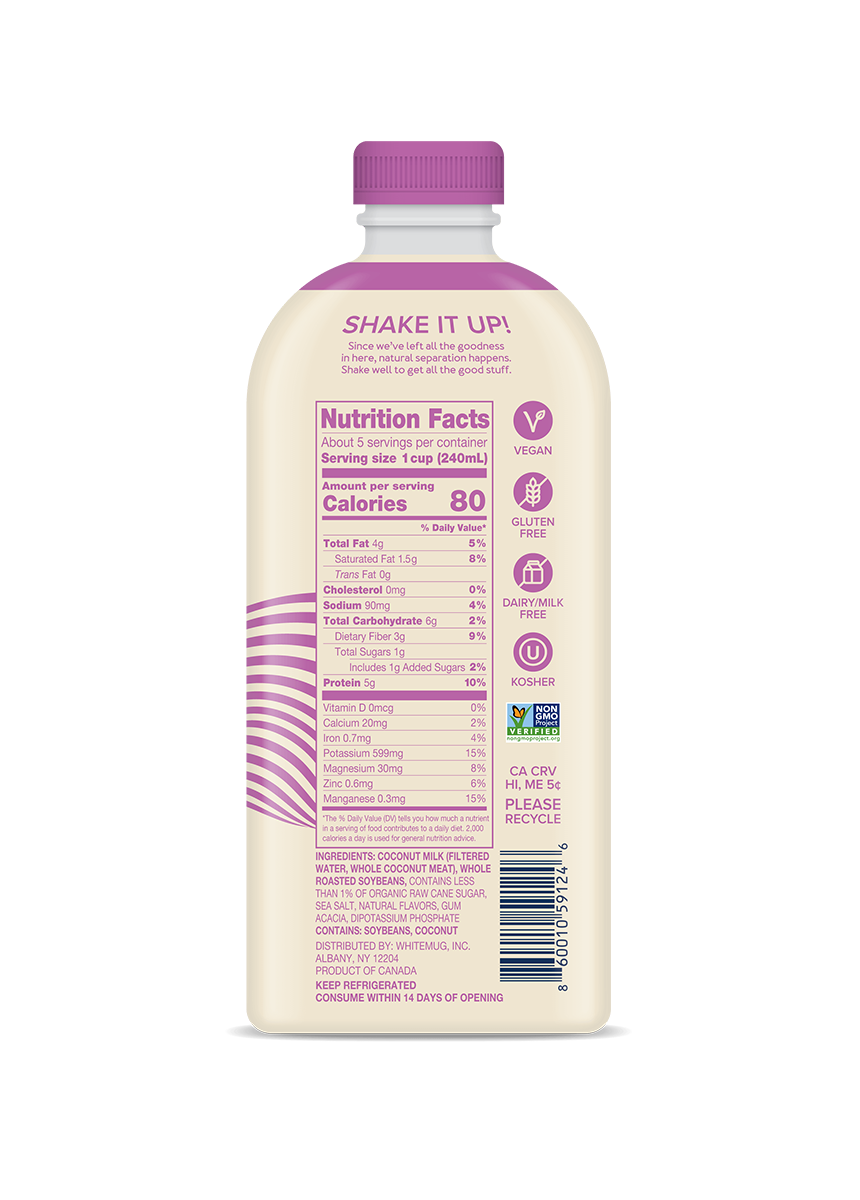 Wholemoon coconut whole protein milk back panel in beige packaging with nutrition facts, shown in portrait view with ingredients visible