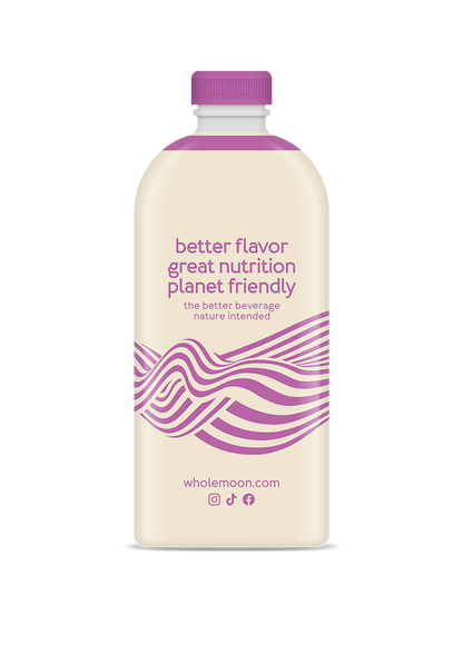 Wholemoon coconut milk back panel showing ingredients list, website URL, and social media icons on beige packaging