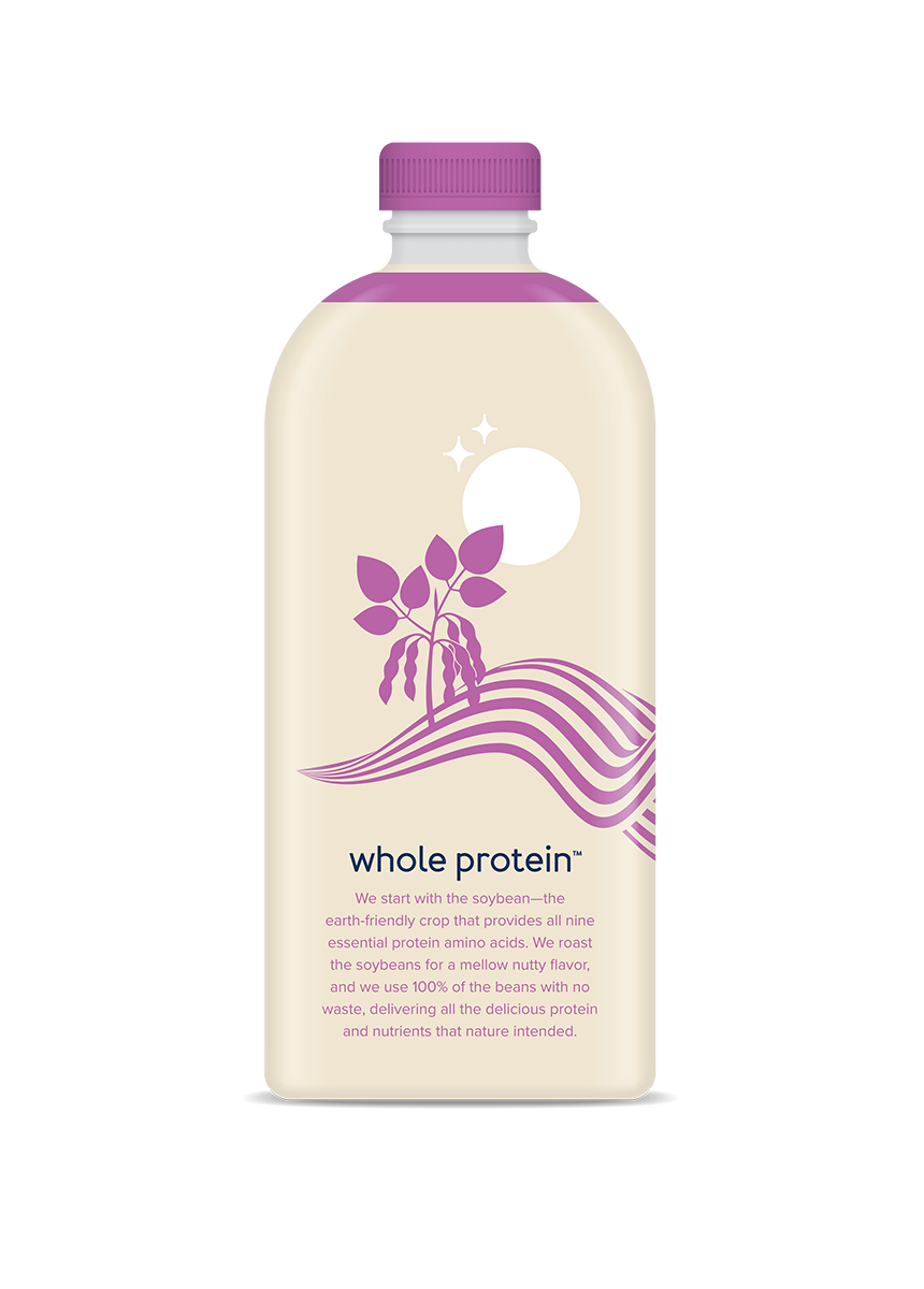 Wholemoon coconut whole protein milk back panel featuring the brand's origin story and mission on minimalist beige packaging