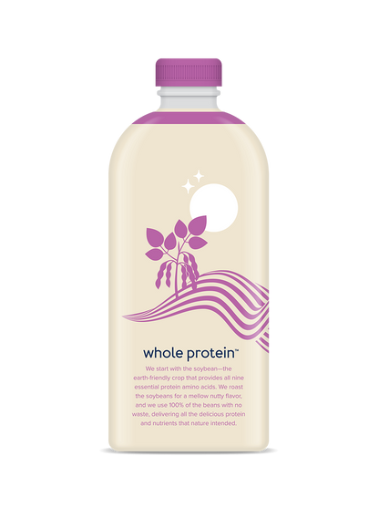 Wholemoon coconut whole protein milk back panel featuring the brand's origin story and mission on minimalist beige packaging