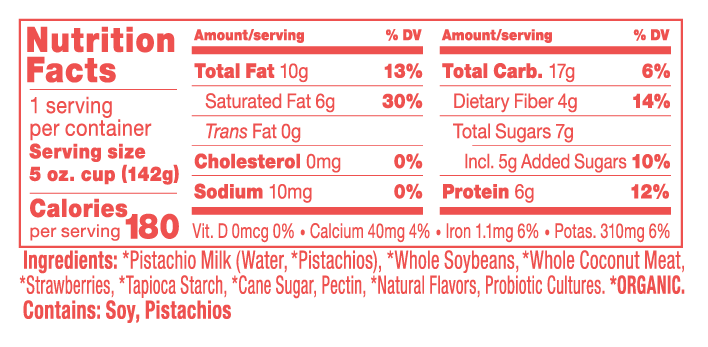 WholeMoon Strawberry Pistachio Yogurt Nutrition Label