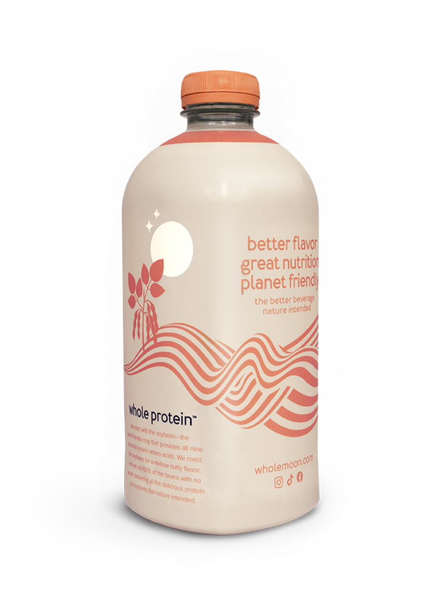 Wholemoon almond whole protein milk side angle featuring the brand's origin story and mission on minimalist beige packaging