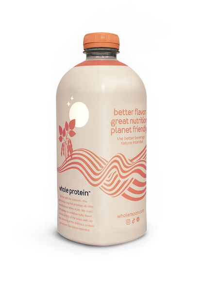 Wholemoon almond whole protein milk side angle featuring the brand's origin story and mission on minimalist beige packaging