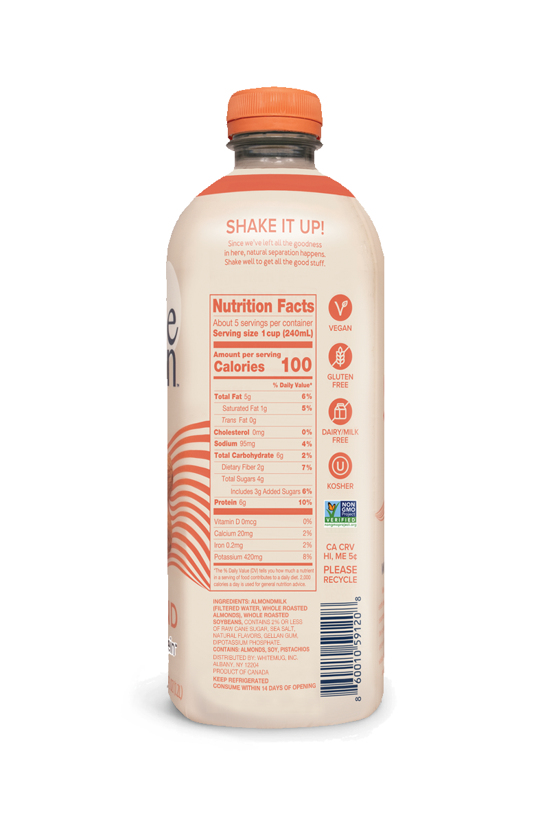 Wholemoon almond whole protein milk back panel in beige packaging with nutrition facts, shown in portrait view with ingredients visible