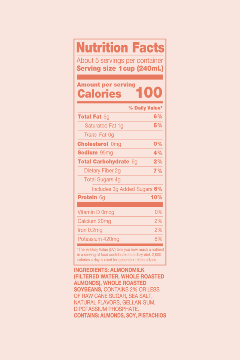 Nutrition facts panel for Wholemoon almond milk showing calorie count, serving size, and key nutritional information
