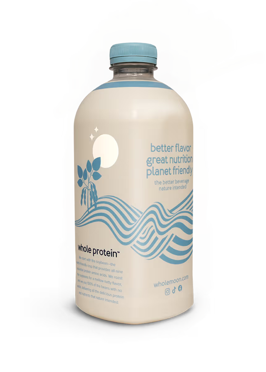 Wholemoon oat whole protein milk side angle featuring the brand's origin story and mission on minimalist beige packaging