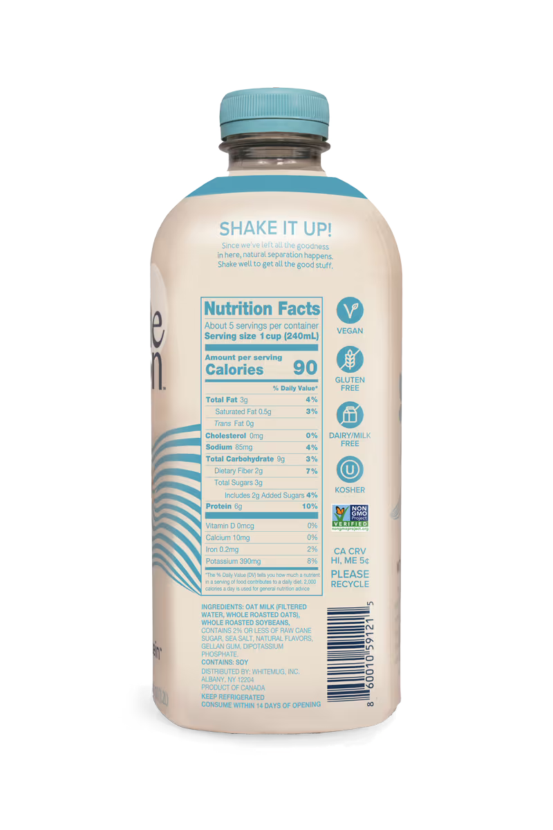 Wholemoon oat whole protein milk back panel in beige packaging with nutrition facts, shown in portrait view with ingredients visible