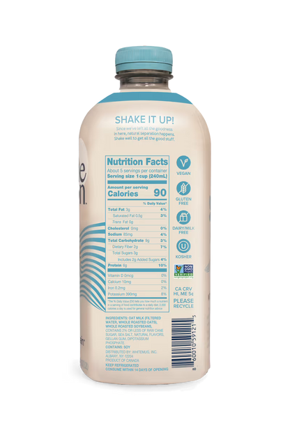 Wholemoon oat whole protein milk back panel in beige packaging with nutrition facts, shown in portrait view with ingredients visible