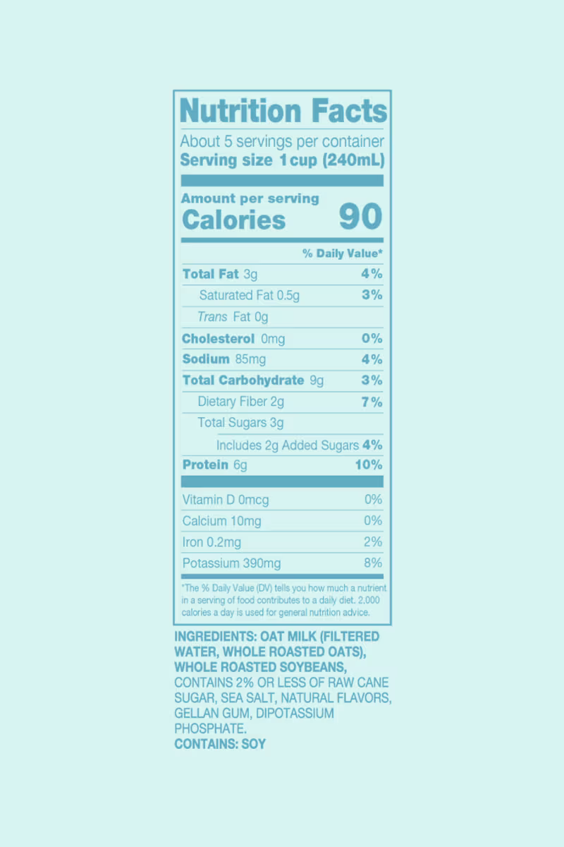 Nutrition facts panel for Wholemoon oat milk showing calorie count, serving size, and key nutritional information