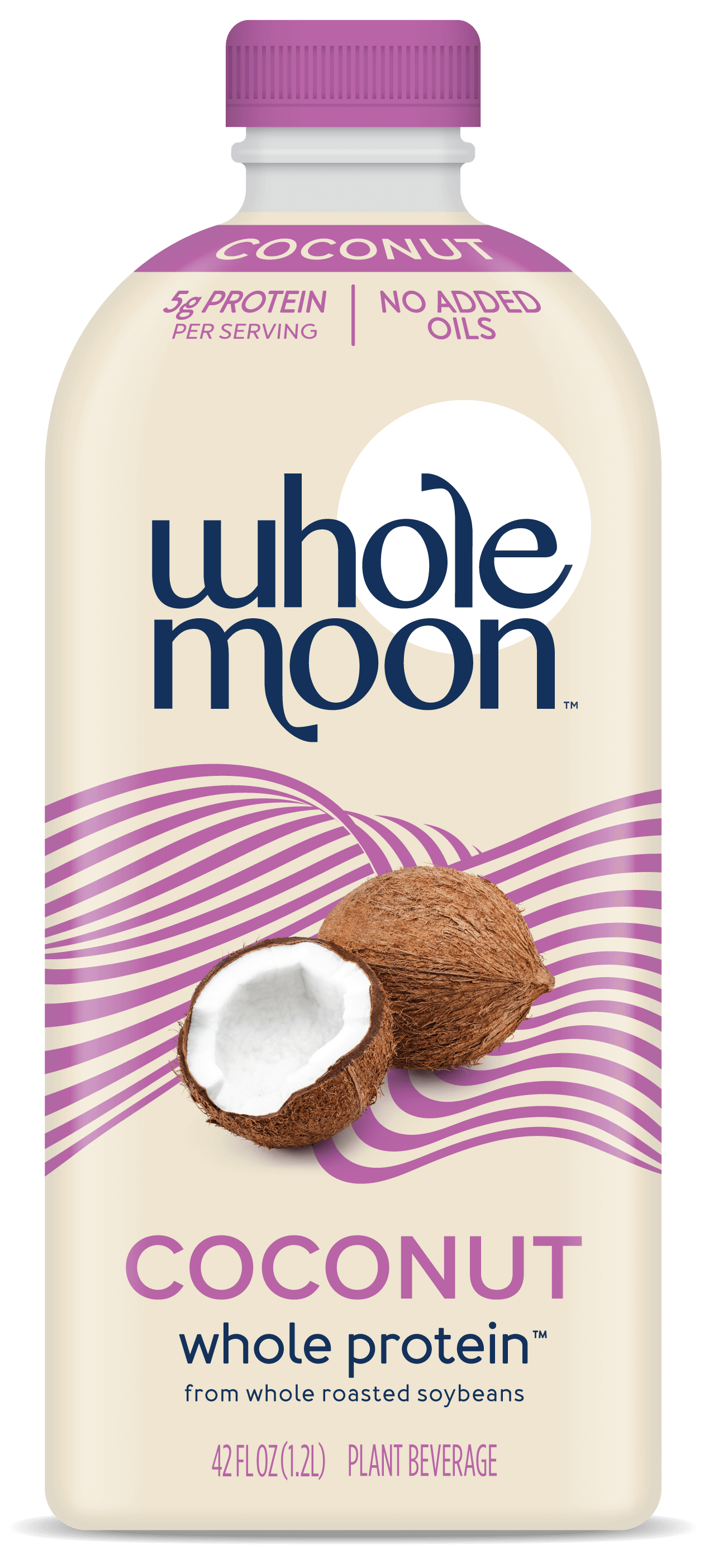 Wholemoon coconut whole protein milk in beige packaging with coconut photo, shown in portrait view with visible product name