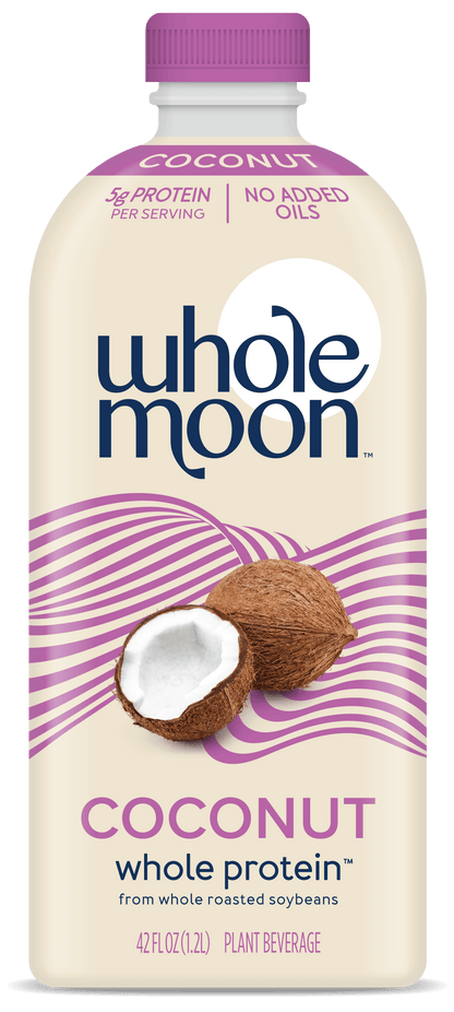 Wholemoon coconut whole protein milk in beige packaging with coconut photo, shown in portrait view with visible product name