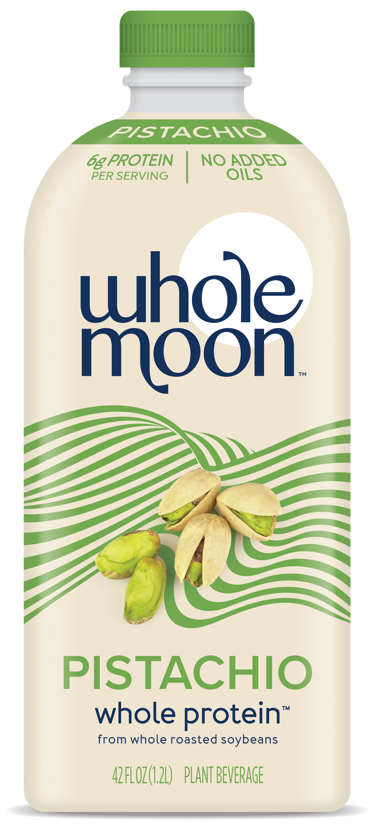 Wholemoon pistachio whole protein milk in beige packaging with pistachio photo, shown in portrait view with visible product name