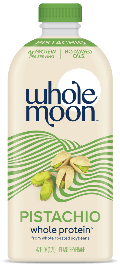 Wholemoon pistachio whole protein milk in beige packaging with pistachio photo, shown in portrait view with visible product name
